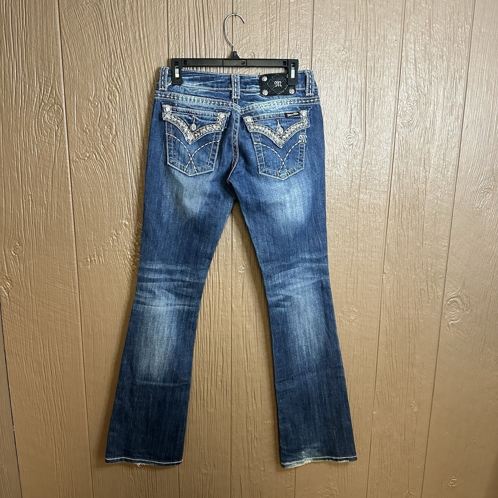 Miss Me Jeans Womens Sz 28 Bootcut Embellished Low Rise Logo Blue Dark Wash - Picture 6 of 8